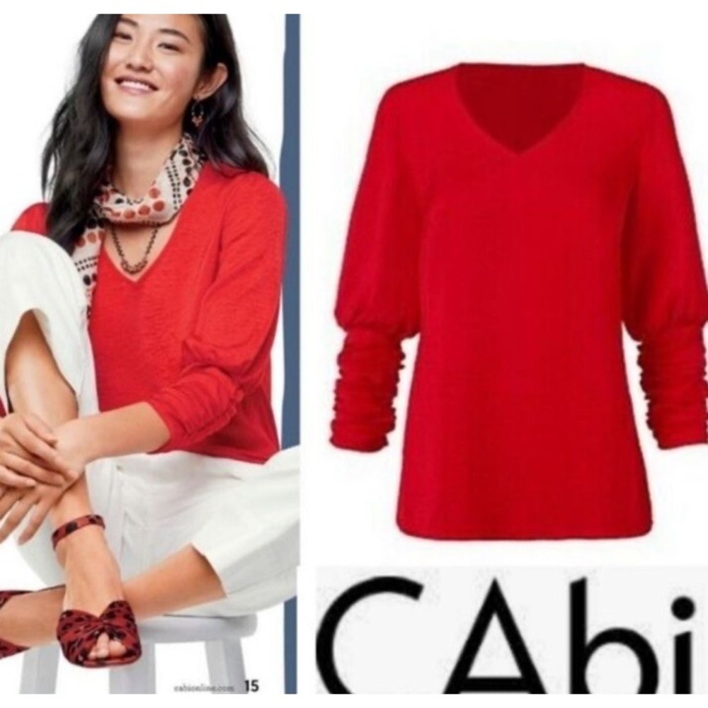 CAbi Women's Red V-Neck Collarless 3/4 Ruched Sleeve Pullover Blouse Top Size M
